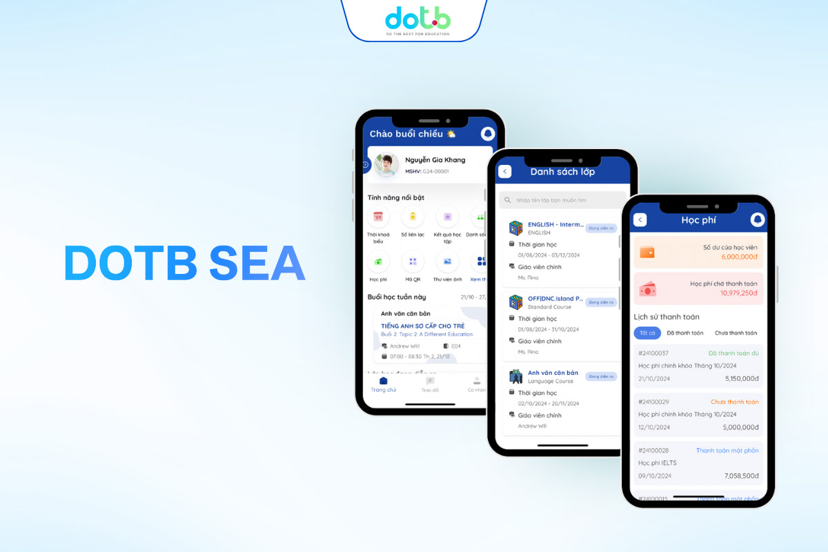 Giao diện sổ liên lạc điện tử học sinh DotB SEA hiển thị trên điện thoại, trực quan và dễ sử dụng cho phụ huynh và giáo viên.