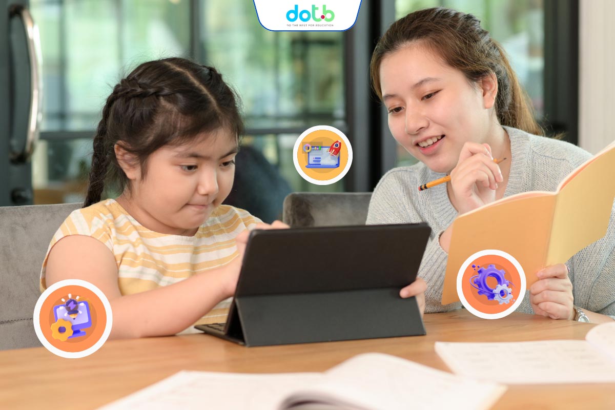 Học viên và phụ huynh cùng truy cập hệ thống quản lý giáo án để theo dõi lộ trình đào tạo tại trung tâm.